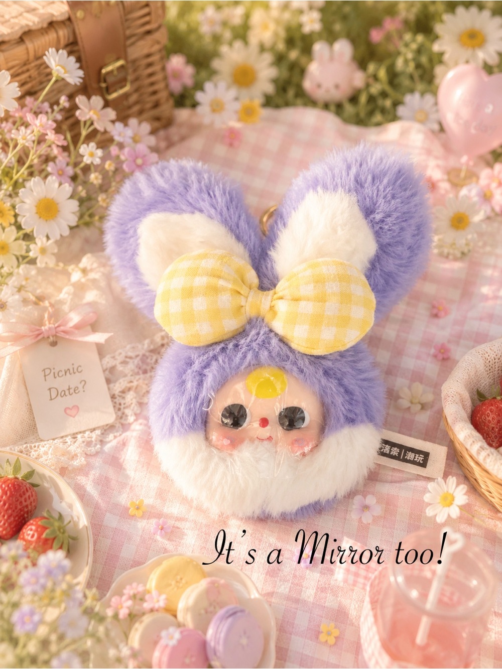 Baby Three Vanity Mirror V2 Compact Cute Kawaii Purple Bunny Yellow Checked Bow